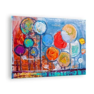 Quadro em vidro - Árvores coloridas e abstratas pintadas contra o céu - 70x50cm - De várias cores e tamanhos - Decoração de parede moderna para a sala de estar e quarto ARTTOR