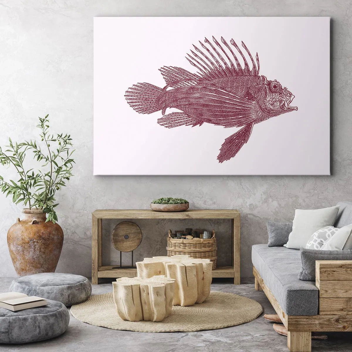 Quadro em tela - Desenho de um peixe em tom vermelho - 70x50cm - Um habitante de águas exóticas - Decoração de parede moderna para a sala de estar e quarto ARTTOR