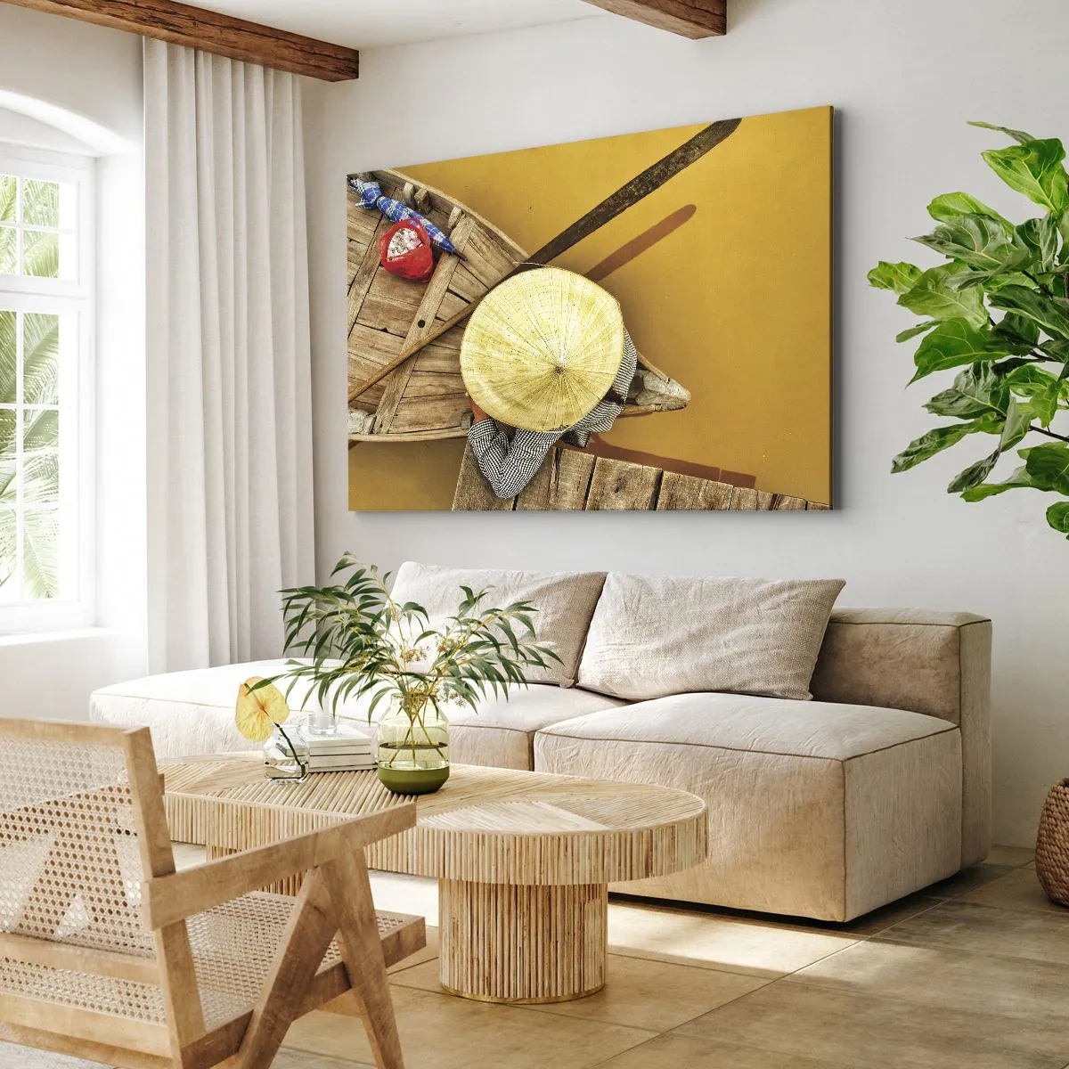 Quadro em tela - Um barco tradicional visto de cima - 70x50cm - A vida no rio amarelo - Decoração de parede moderna para a sala de estar e quarto ARTTOR