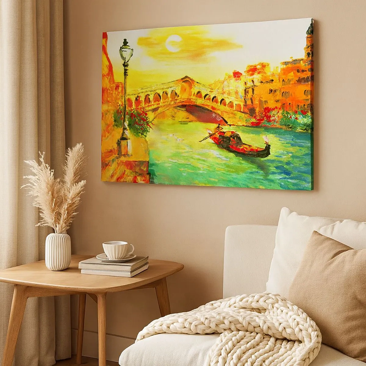 Quadro em tela - Uma ponte pitoresca sobre o canal com uma gôndola à luz do pôr do sol - 70x50cm - Romaria dos amantes - Decoração de parede moderna para a sala de estar e quarto ARTTOR