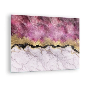 Quadro em vidro - Composição abstrata de mármore com detalhes em dourado e roxo - 70x50cm - Na fronteira - Decoração de parede moderna para a sala de estar e quarto ARTTOR