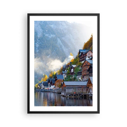 Pôster com moldura preta - Uma cidade montanhosa perto de um lago cercada pela aura do outono - 50x70cm - Atmosfera alpina - Decoração de parede moderna para a sala de estar e quarto ARTTOR