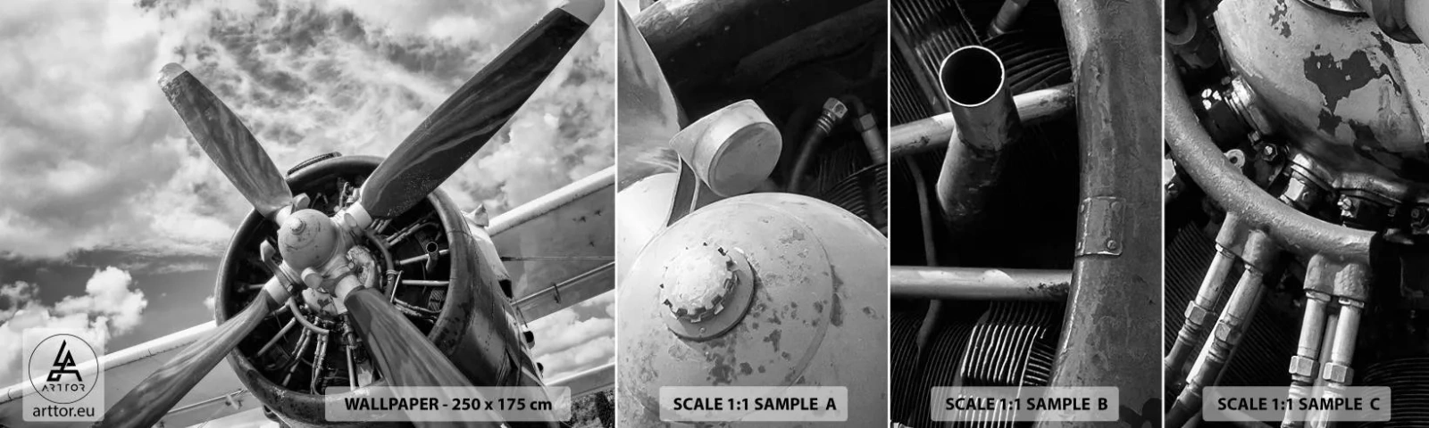 Amostra de papel de parede autocolante Deluxe Sticker - O conquistador dos céus - Avião, Hélice de avião, Vintage - 100x30 cm