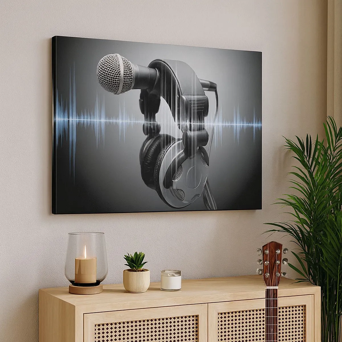 Quadro em tela - Microfone e fones de ouvido com visualização de ondas sonoras ao fundo - 70x50cm - Ainda pode-se ouvir o canto - Decoração de parede moderna para a sala de estar e quarto ARTTOR