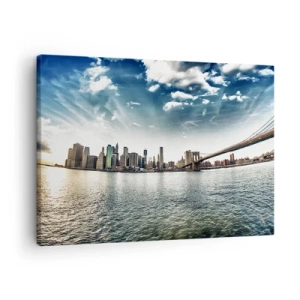 Quadro em tela - Panorama da cidade com uma ponte contra o céu azul - 70x50cm - Ilha de Vidro - Decoração de parede moderna para a sala de estar e quarto ARTTOR