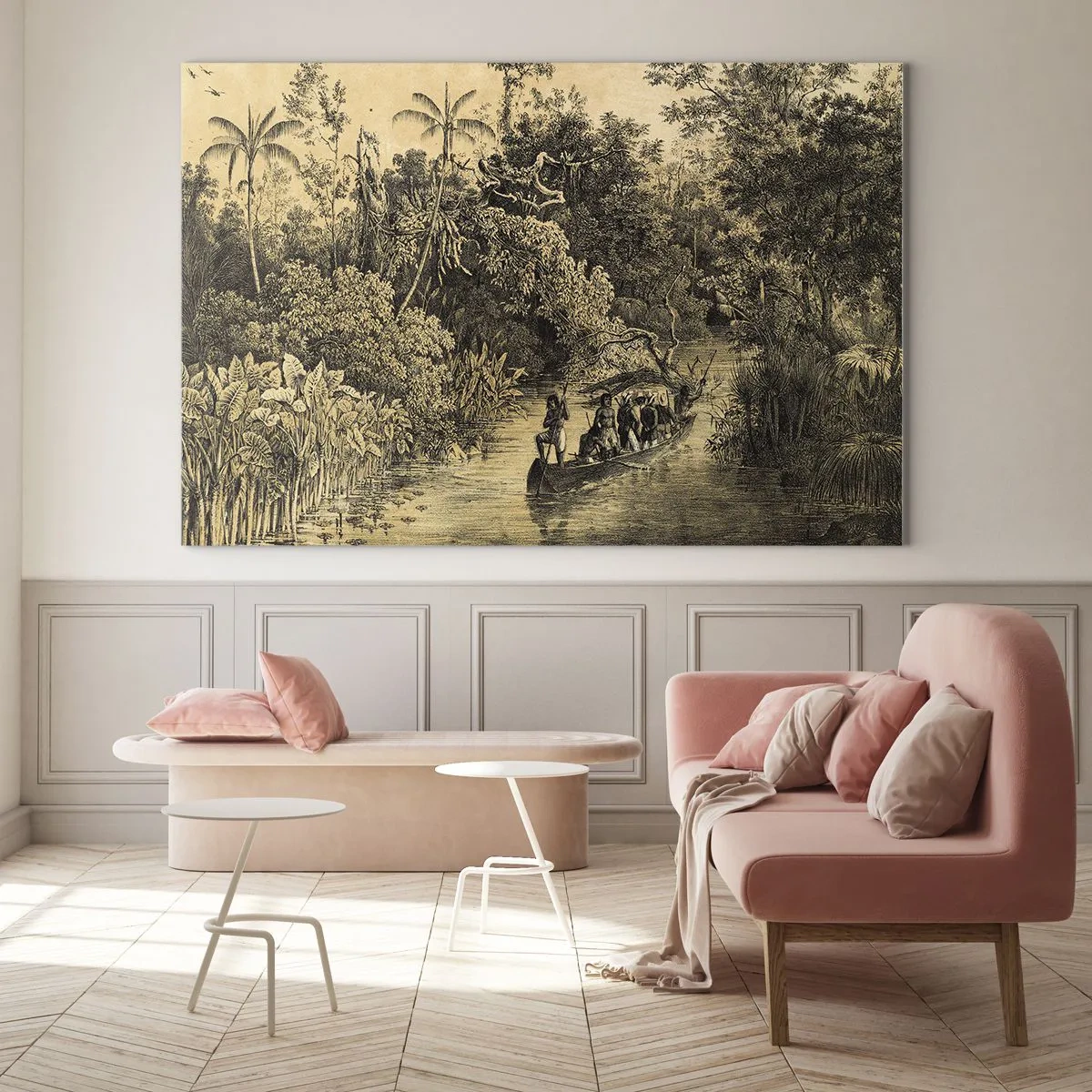Quadro em vidro - Estampa retrô representando uma jornada pela selva - 70x50cm - Viagem à fonte - Decoração de parede moderna para a sala de estar e quarto ARTTOR