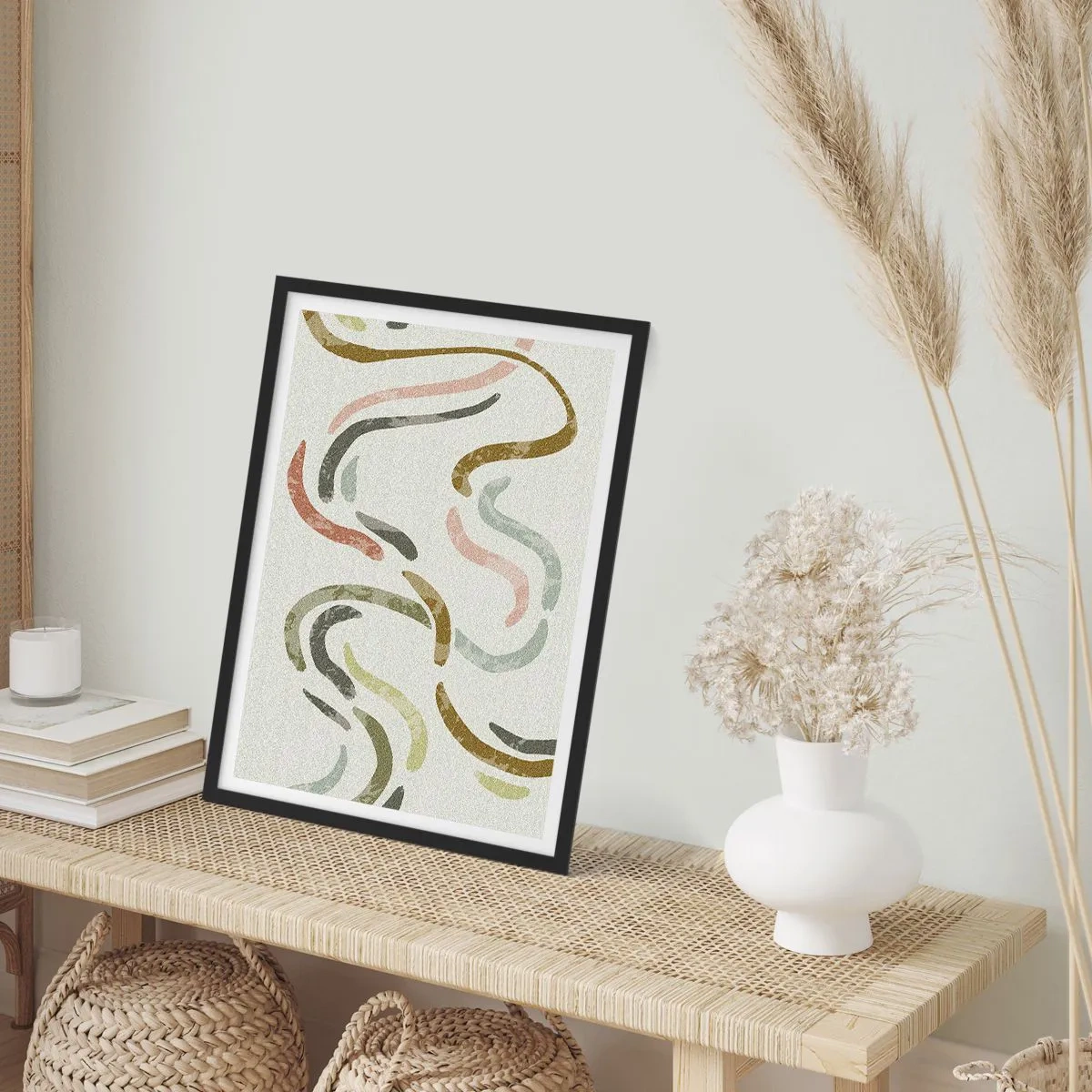 Pôster com moldura preta - Linhas onduladas abstratas em tons naturais - 50x70cm - Uma alegre dança de abstração - Decoração de parede moderna para a sala de estar e quarto ARTTOR