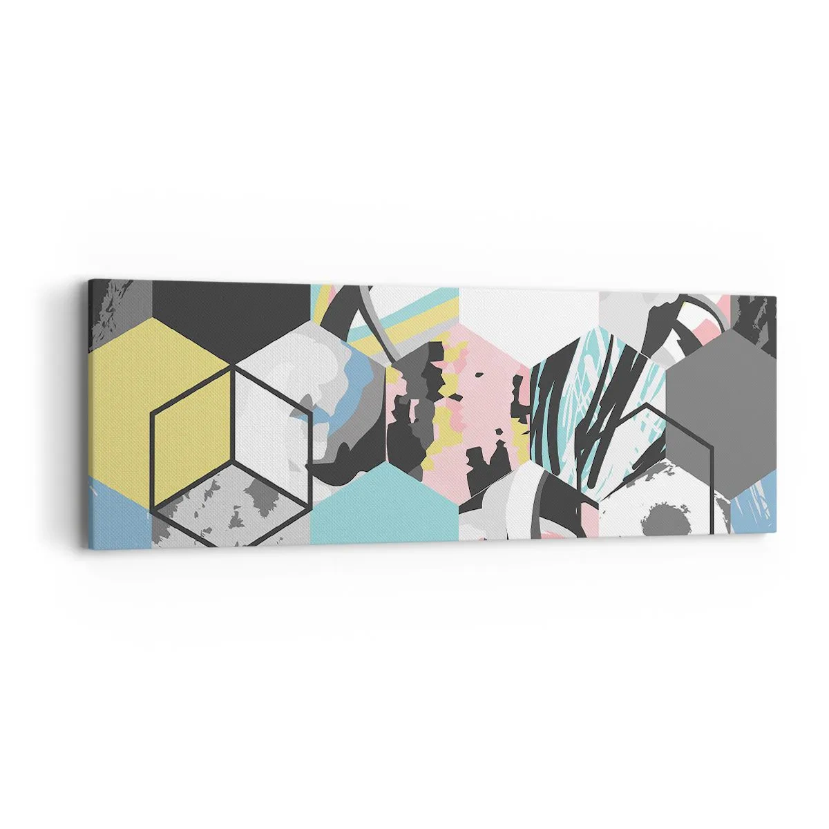Quadro em tela - Hexágonos e cubos em seis cores - 90x30 cm