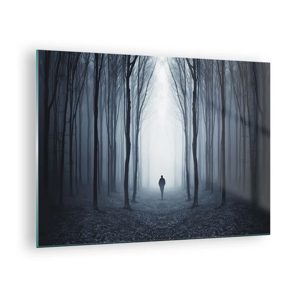 Quadro em vidro - Uma figura em uma floresta escura com neblina ao fundo - 70x50cm - Tudo simples e claro - Decoração de parede moderna para a sala de estar e quarto ARTTOR