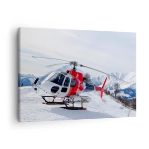 Quadro em tela - Um helicóptero vermelho em uma paisagem de montanha nevada. - 70x50cm - Sempre pronto - Decoração de parede moderna para a sala de estar e quarto ARTTOR