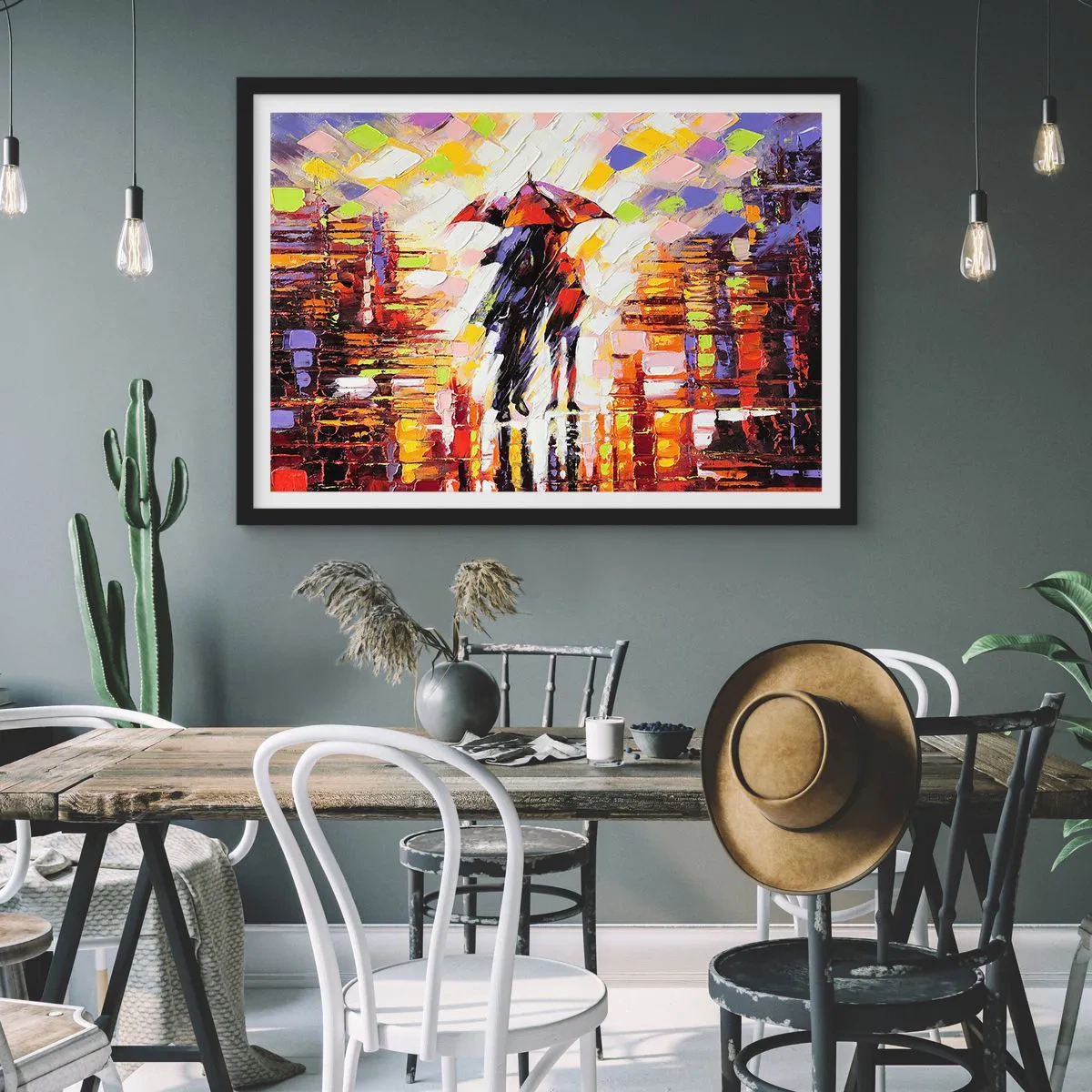 Pôster com moldura preta - Juntos durante a noite e a chuva - 91x61 cm