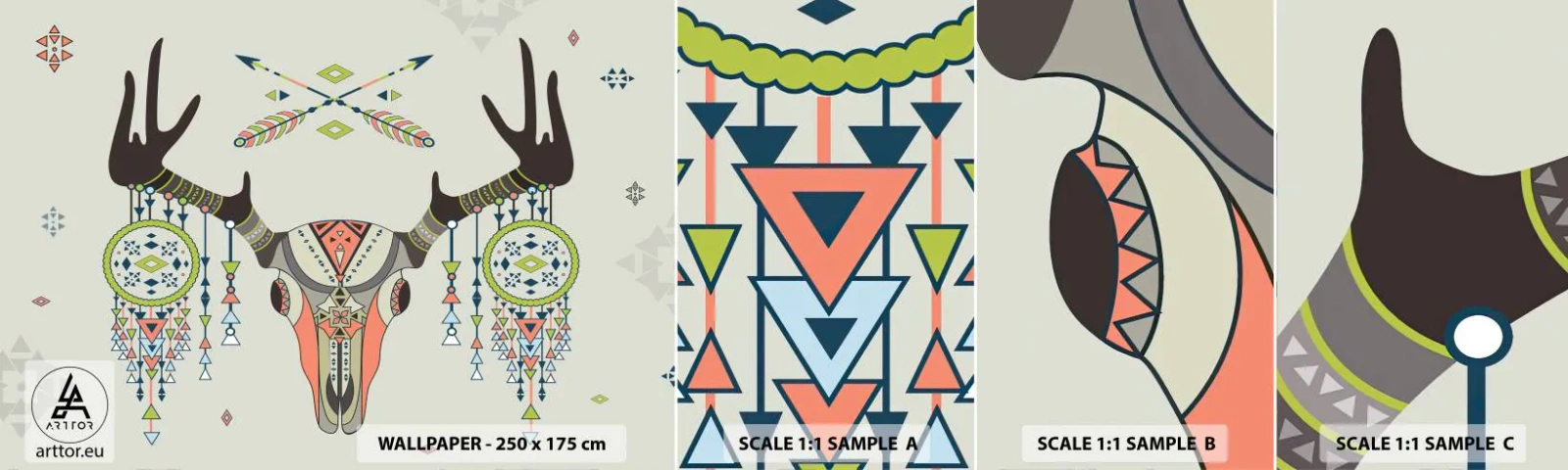 Amostra de papel de parede autocolante Deluxe Sticker - Troféu de caçador indiano - Abstração, Cervo, Boho - 100x30 cm