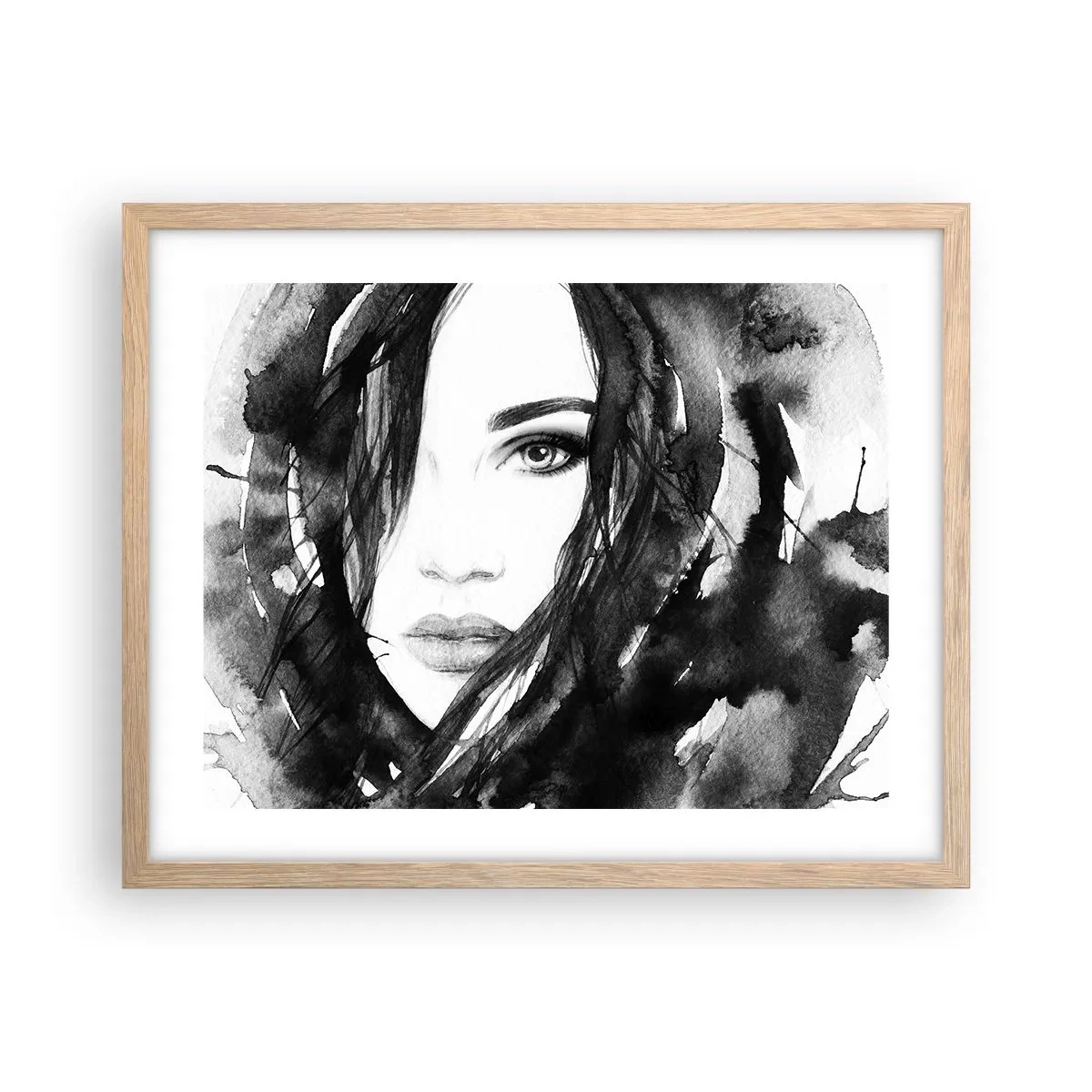 Pôster com moldura de carvalho claro - Retrato de uma dama a preto e branco - 50x40 cm