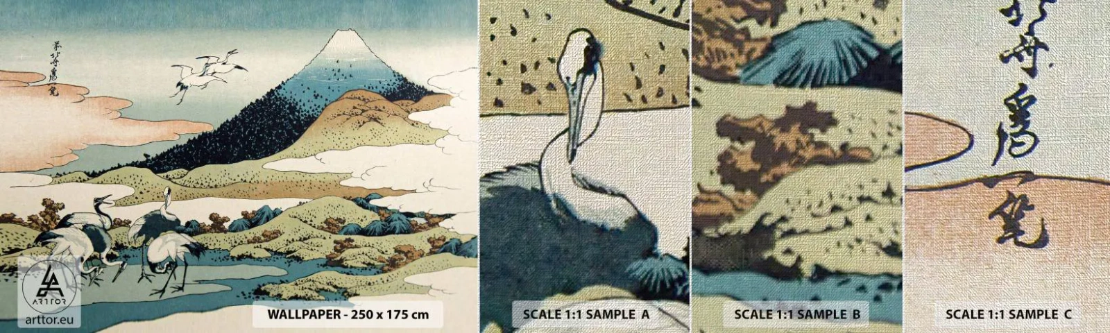 Amostra de papel de parede Premium Canvas - No espírito japonês - Cegonha, Pássaro, Paisagem - 100x30 cm