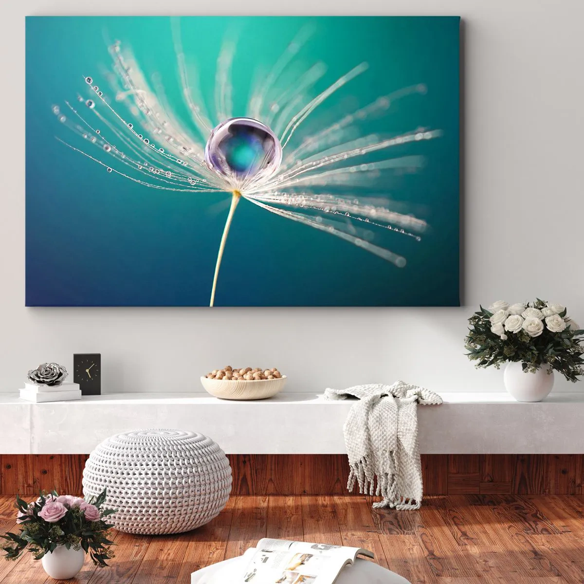 Quadro em tela - Macro de uma gota de água em uma delicada semente de dente-de-leão - 70x50cm - Momento místico - Decoração de parede moderna para a sala de estar e quarto ARTTOR