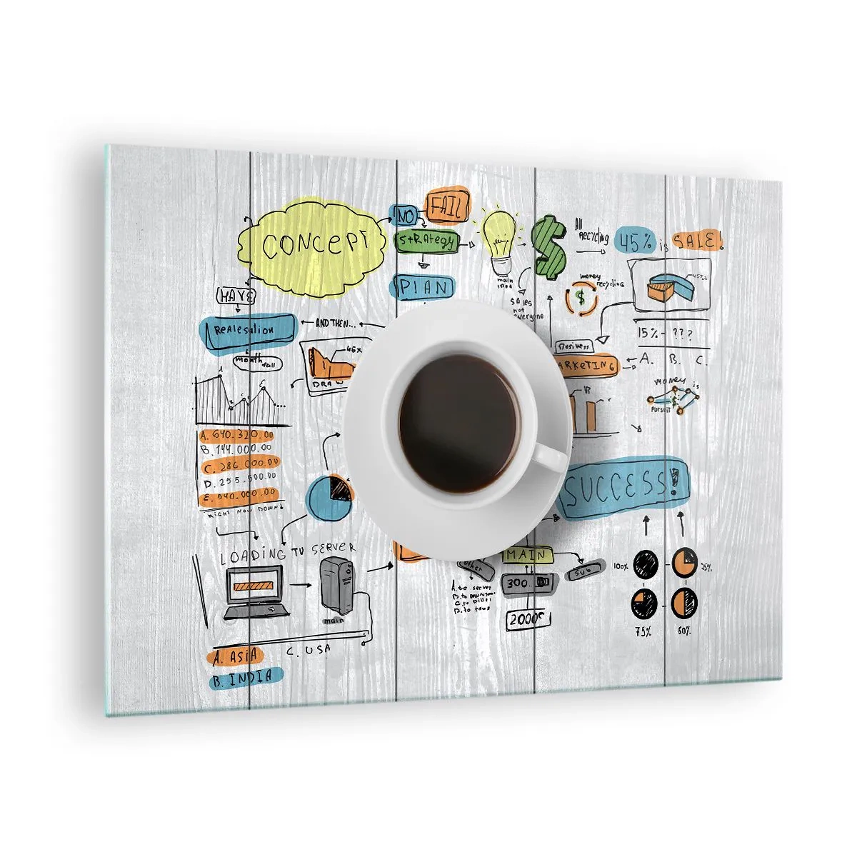 Quadro em vidro - Uma xícara de café em um fundo de diagramas e desenhos conceituais - 70x50cm - Tempo para uma pausa - Decoração de parede moderna para a sala de estar e quarto ARTTOR