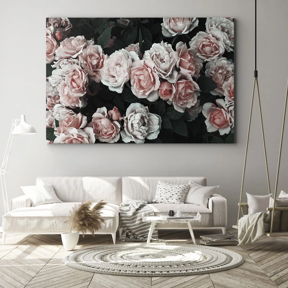 Quadro em tela - Rosas cor de rosa em um fundo escuro em uma composição sutil - 70x50cm - Conjuntos de rosas - Decoração de parede moderna para a sala de estar e quarto ARTTOR