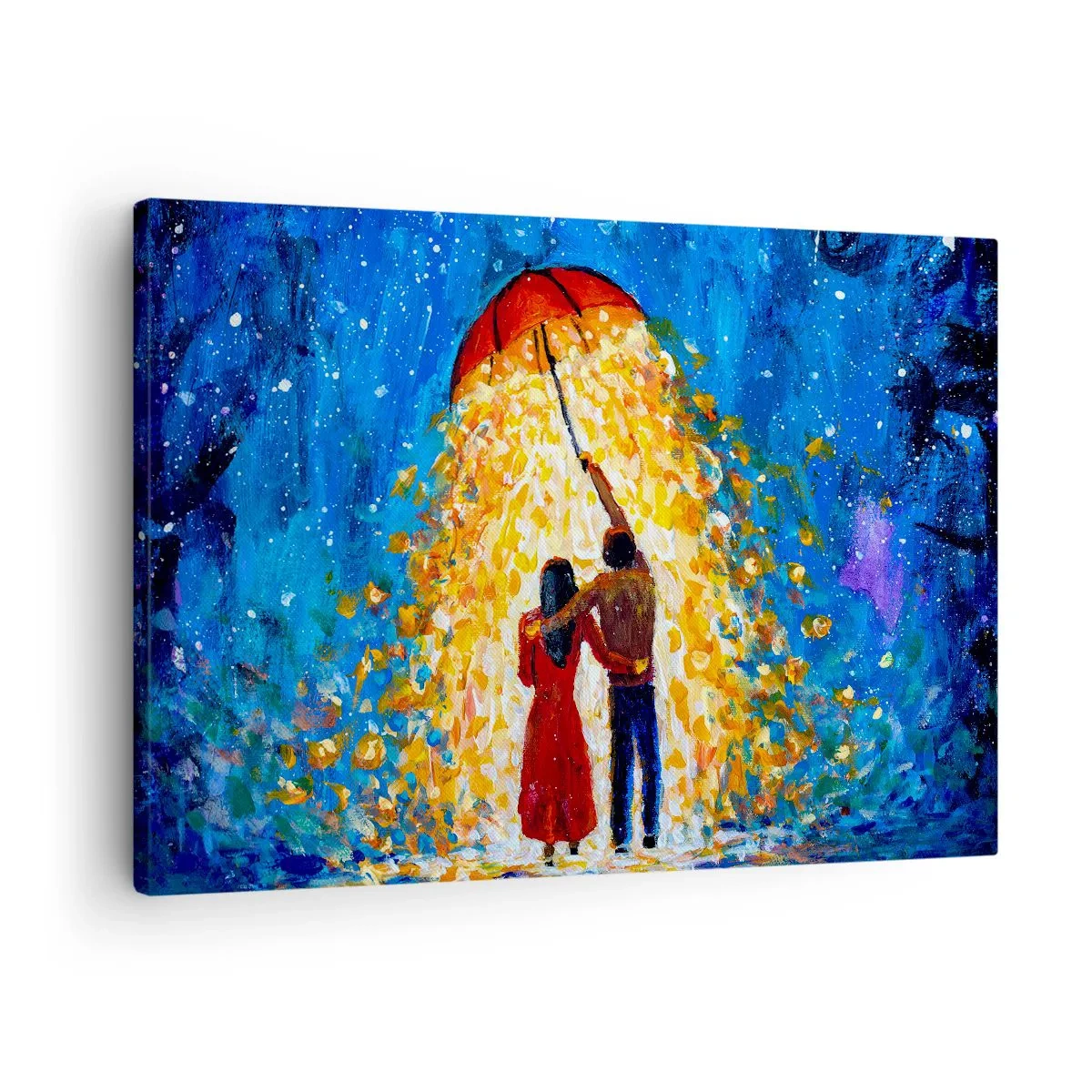 Quadro em tela - Um casal sob um guarda-chuva vermelho na chuva luminosa - 70x50cm - A magia de uma noite chuvosa? - Decoração de parede moderna para a sala de estar e quarto ARTTOR