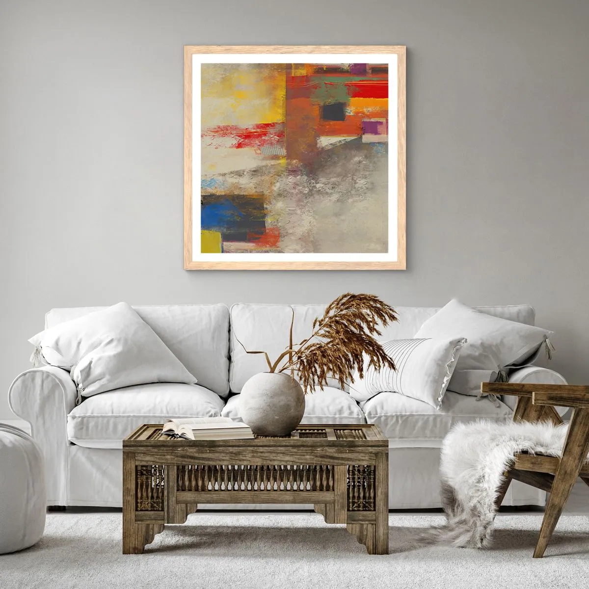 Pôster com moldura de carvalho claro - Geometria das cores - 60x60 cm