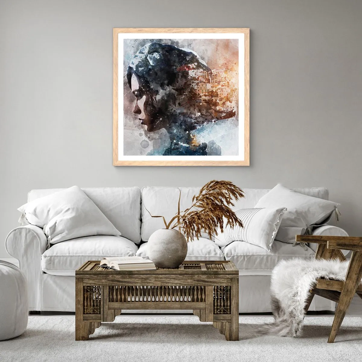 Pôster com moldura de carvalho claro - Uma história sobre uma menina e uma cidade ao fundo - 40x40 cm
