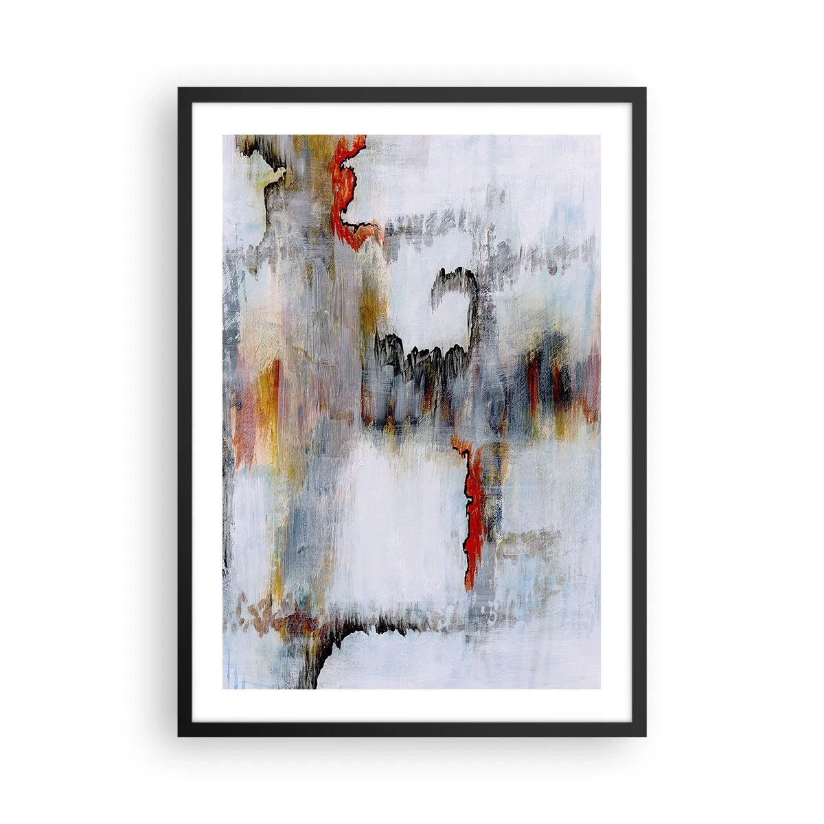 Pôster com moldura preta - Uma composição abstrata com tons de cinza e detalhes em vermelho. - 50x70cm - Com um palito na água - Decoração de parede moderna para a sala de estar e quarto ARTTOR