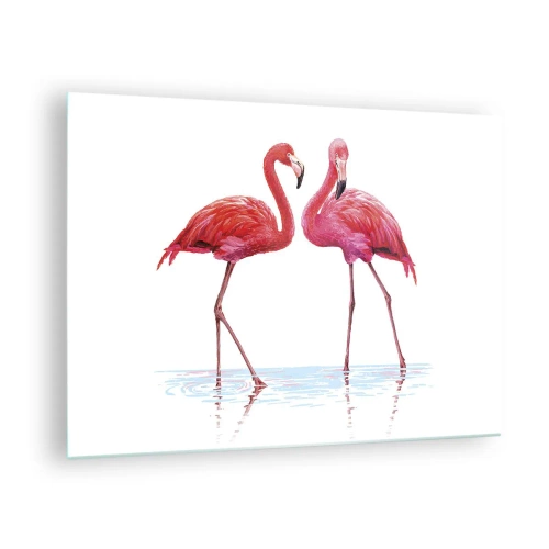Quadro em vidro - Dois flamingos cor-de-rosa parados na água - 70x50cm - Rosa randez-vous - Decoração de parede moderna para a sala de estar e quarto ARTTOR
