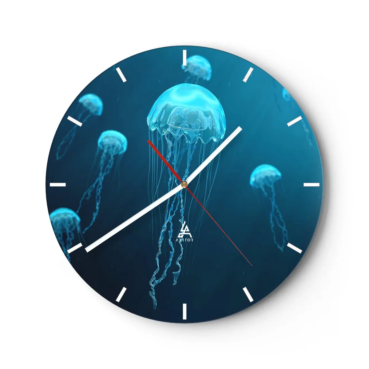 Relógio de parede - Relógio em vidro - Água-viva flutuando no oceano azul profundo - 30x30cm - Dança do oceano - Decoração de parede moderna para a sala de estar, cozinha e quarto ARTTOR