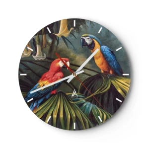 Relógio de parede - Relógio em vidro - Dois papagaios coloridos sentados em folhas tropicais - 30x30cm - Romantismo nos trópicos - Decoração de parede moderna para a sala de estar, cozinha e quarto ARTTOR