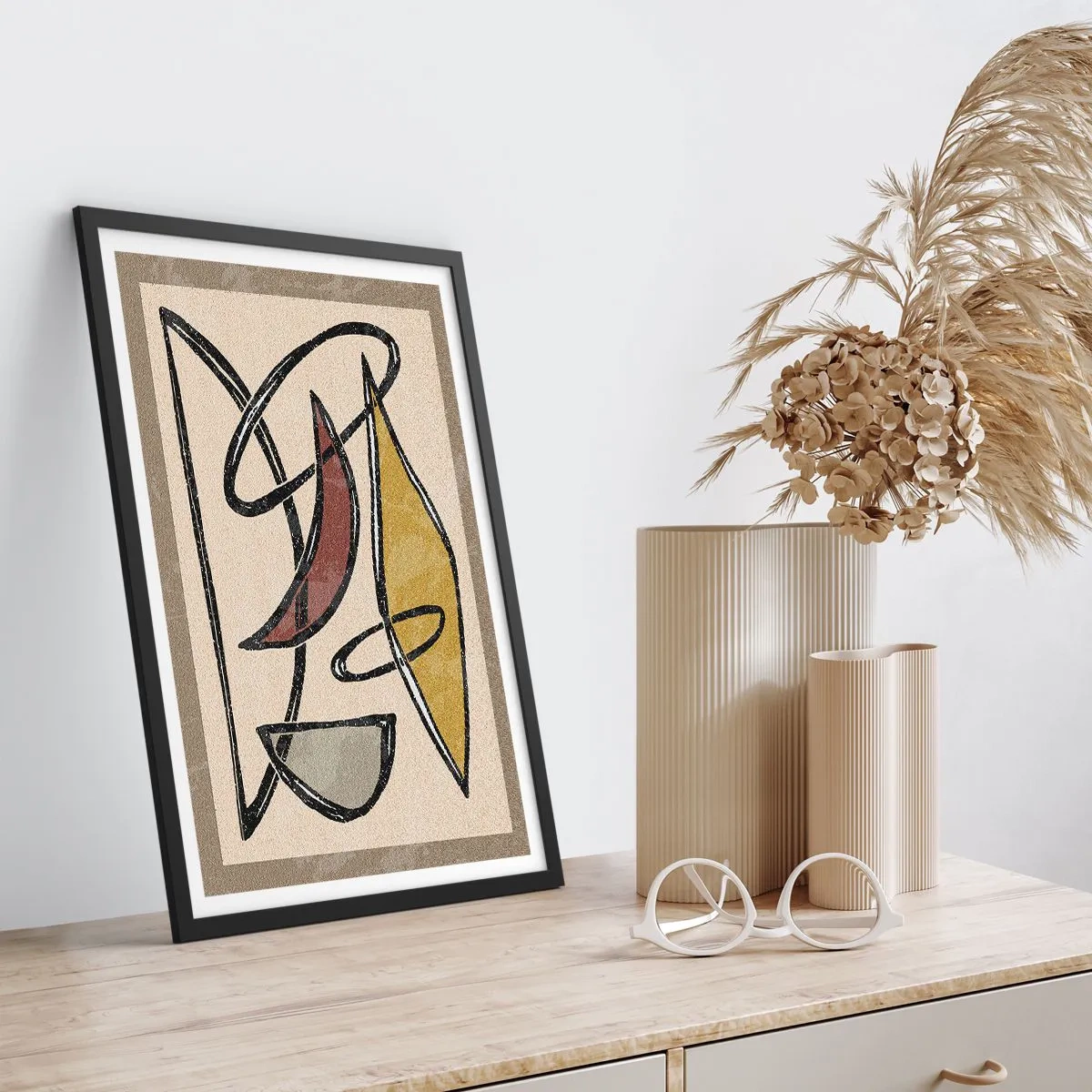 Pôster com moldura preta - Abstração geométrica em tons de bege e marrom - 50x70cm - Verticais e horizontais - Decoração de parede moderna para a sala de estar e quarto ARTTOR