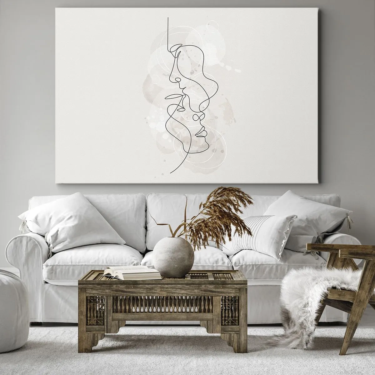 Quadro em tela - Contorno abstrato de dois rostos em um fundo claro - 70x50cm - Emaranhados num abraço - Decoração de parede moderna para a sala de estar e quarto ARTTOR