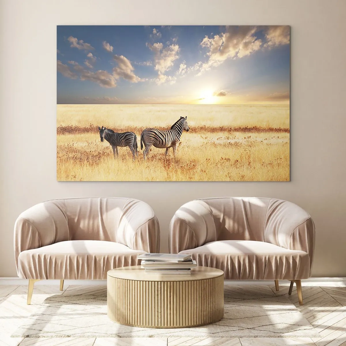 Quadro em vidro - Duas zebras na savana ao pôr do sol - 70x50cm - Vá embora, não perturbe - Decoração de parede moderna para a sala de estar e quarto ARTTOR