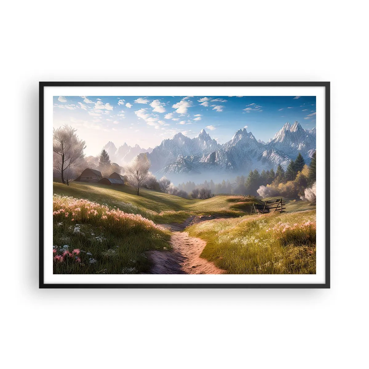 Pôster com moldura preta - Vale idílico - 100x70 cm