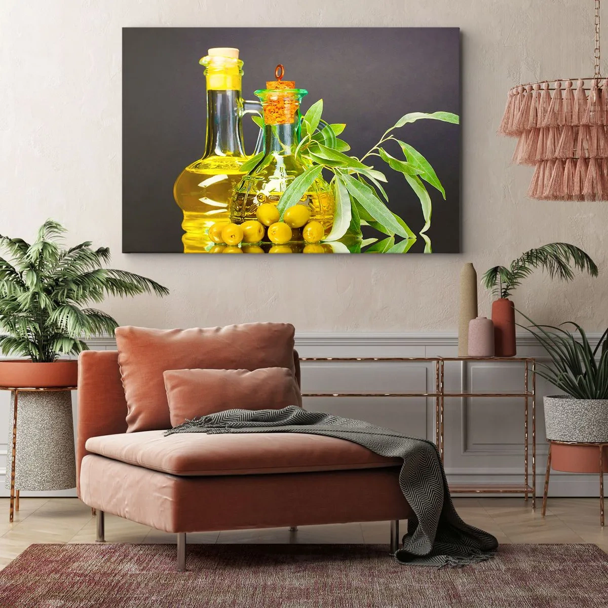 Quadro em tela - Garrafas de azeite e ramos de oliveira - 70x50cm - Natureza morta com azeitonas e azeite - Decoração de parede moderna para a sala de estar e quarto ARTTOR