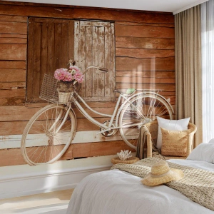 Papel de Parede Standard Eco - Uma bicicleta retrô com uma cesta de flores encostada em uma parede de madeira. - 100x70cm - Volto logo - Decoração de parede moderna para a sala de estar e quarto ARTTOR