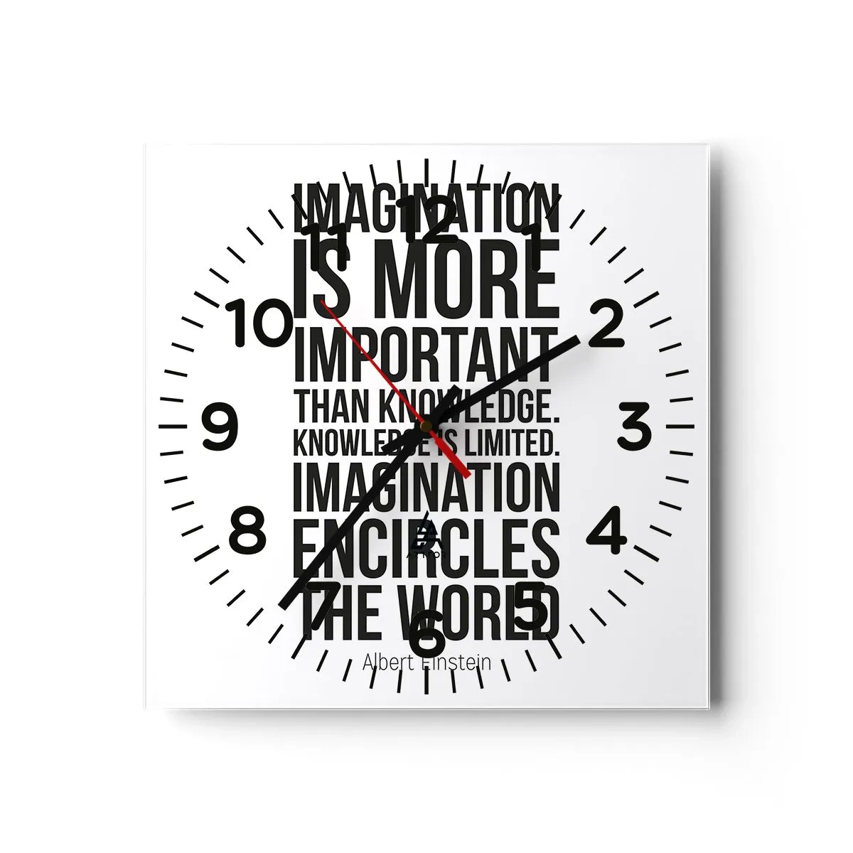 Relógio de parede - Relógio em vidro - Einstein sobre o poder da imaginação - 40x40 cm