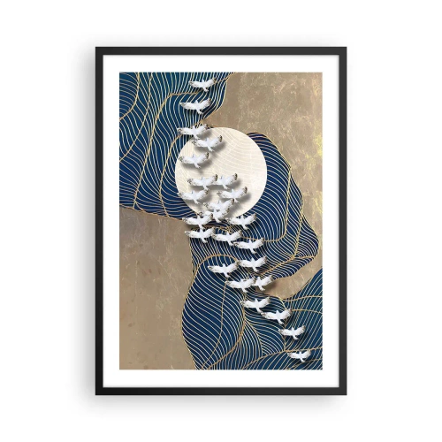 Pôster com moldura preta - Composição abstrata com pássaros e a lua em tons dourados - 50x70cm - Liberdade, peregrinação, comunidade - Decoração de parede moderna para a sala de estar e quarto ARTTOR
