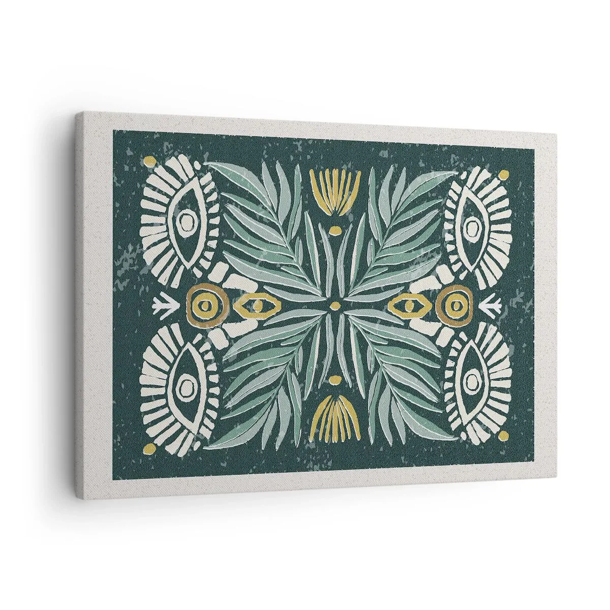 Quadro em tela - Padrão de planta simétrico em um fundo verde - 70x50cm - Como um recorte folclórico - Decoração de parede moderna para a sala de estar e quarto ARTTOR