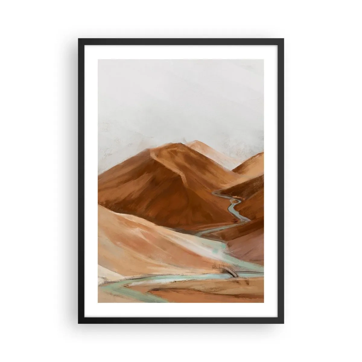 Pôster com moldura preta - Um rio fluindo através de montanhas marrons, uma paisagem estilizada - 50x70cm - Para a fonte - Decoração de parede moderna para a sala de estar e quarto ARTTOR