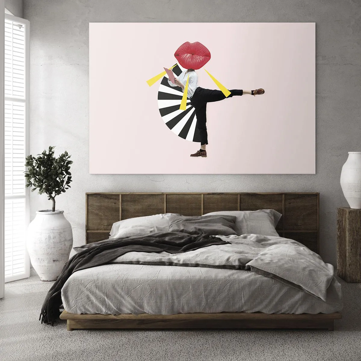 Quadro em vidro - Uma composição surreal de pop art apresentando um personagem com uma boca grande contra um fundo rosa. - 70x50cm - Arte pop surreal - Decoração de parede moderna para a sala de estar e quarto ARTTOR