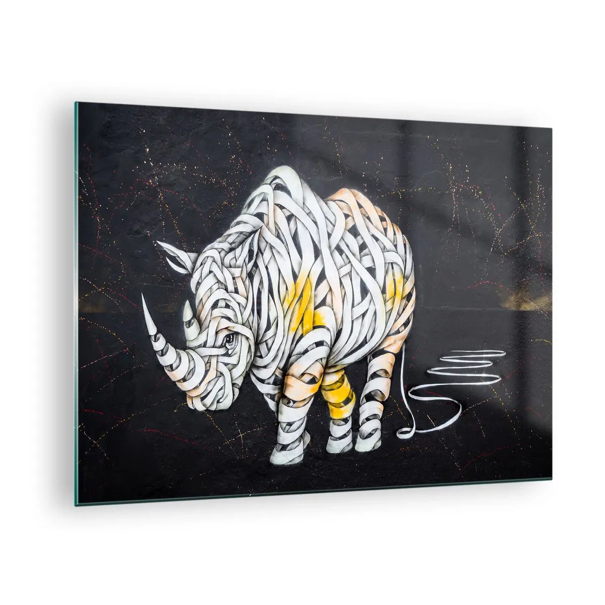 Quadro em vidro - Desenho abstrato de um rinoceronte em forma de listras - 70x50cm - Dizer que é casca grossa é um mito - Decoração de parede moderna para a sala de estar e quarto ARTTOR