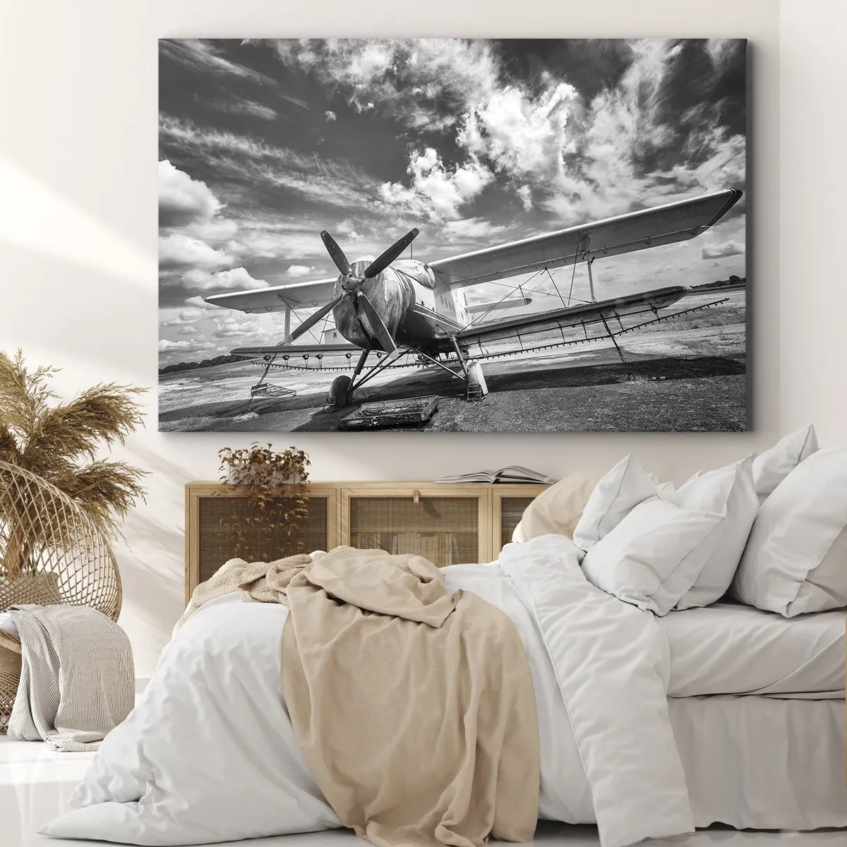 Quadro em tela - Um avião velho no aeroporto em preto e branco - 70x50cm - Mal posso esperar! - Decoração de parede moderna para a sala de estar e quarto ARTTOR