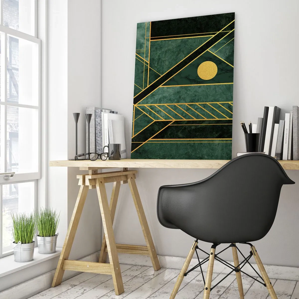 Quadro em vidro - A dinâmica do ouro e do azul - 50x70 cm