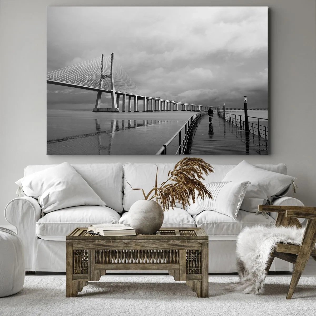 Quadro em tela - Uma ponte suspensa sobre a água em preto e branco - 70x50cm - Cada um com o que merece - Decoração de parede moderna para a sala de estar e quarto ARTTOR