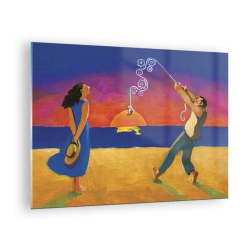Quadro em vidro - Resumo colorido de um casal na praia ao pôr do sol - 70x50cm - Mais do que uma estrela do céu - Decoração de parede moderna para a sala de estar e quarto ARTTOR