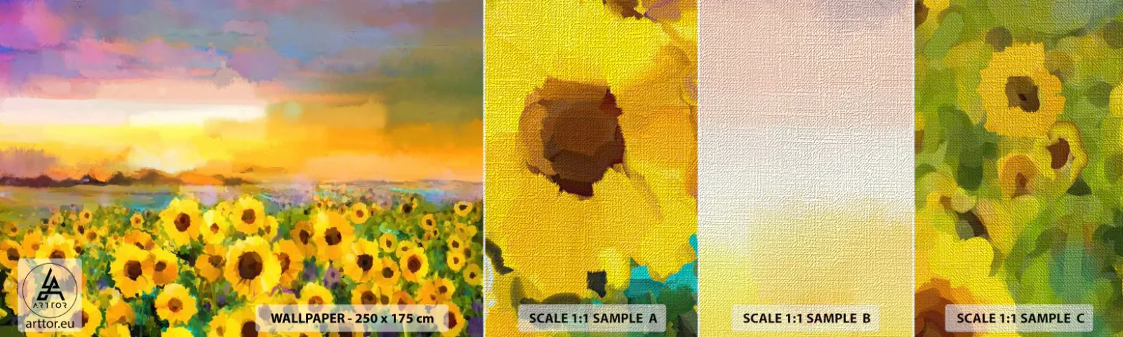 Amostra de papel de parede Premium Canvas - O próprio sol desceu à terra - Campo de Girassol, girassol, Natureza - 100x30 cm