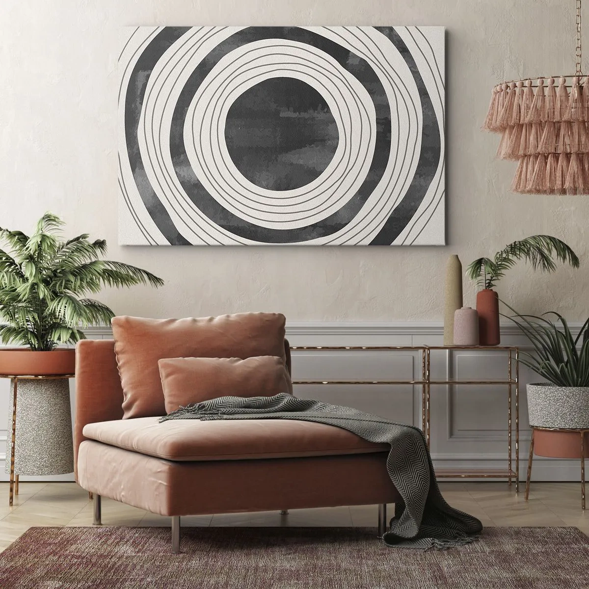 Quadro em tela - Círculos concêntricos pretos e brancos sobre fundo claro - 70x50cm - Direito ao ponto - Decoração de parede moderna para a sala de estar e quarto ARTTOR