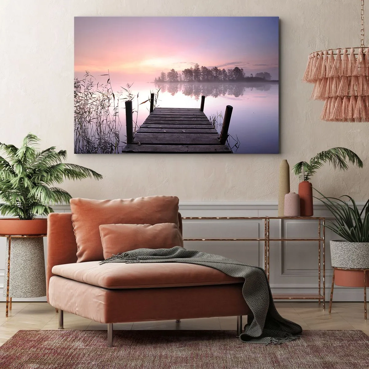 Quadro em tela - Um cais à beira do lago ao amanhecer com neblina e um céu pastel - 70x50cm - Da névoa lilás... - Decoração de parede moderna para a sala de estar e quarto ARTTOR
