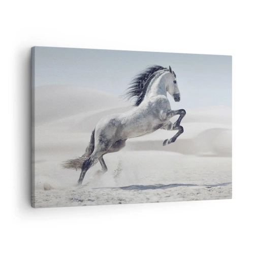 Quadro em tela - Um cavalo branco galopando contra o pano de fundo das dunas do deserto - 70x50cm - Príncipe árabe - Decoração de parede moderna para a sala de estar e quarto ARTTOR