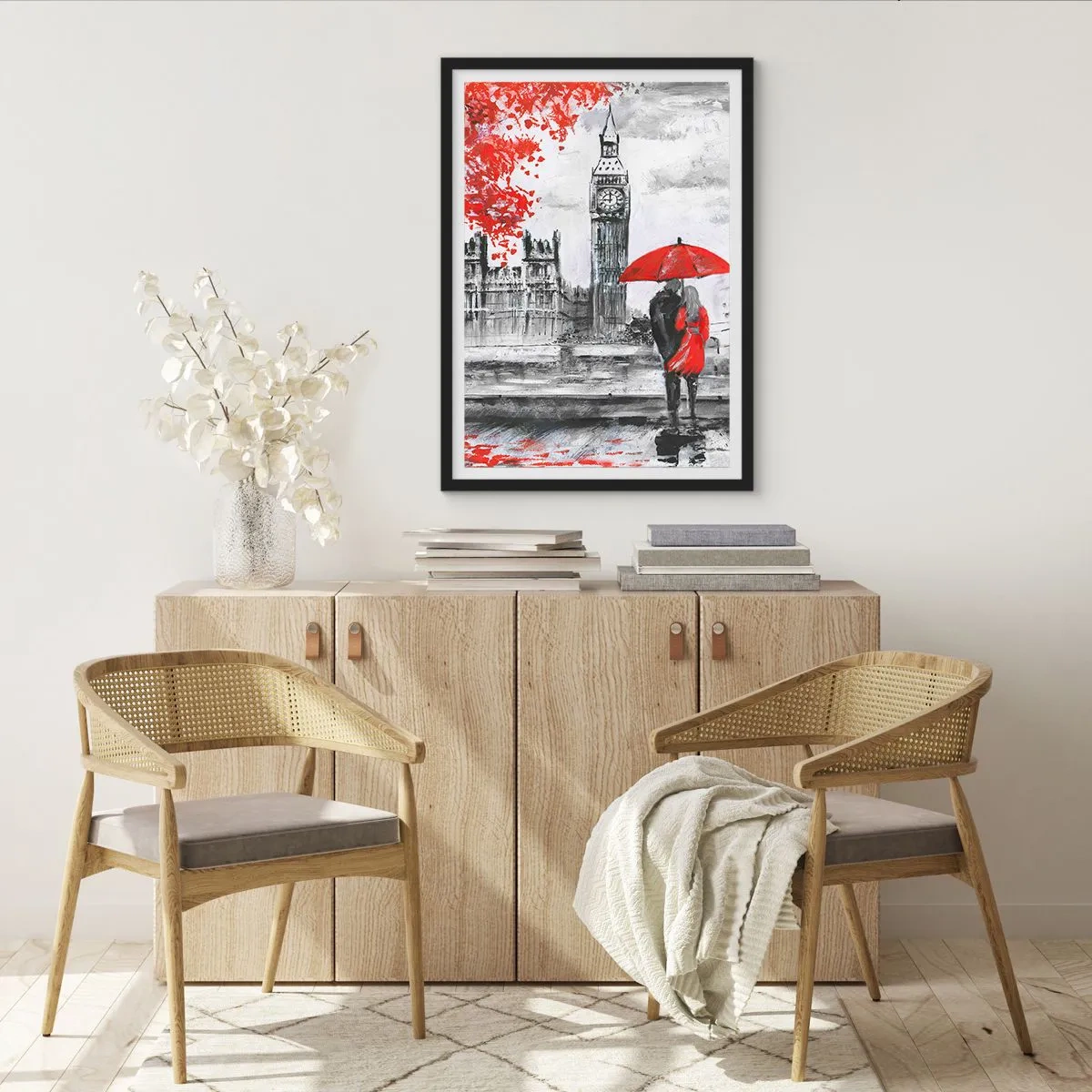 Pôster com moldura preta - Uma figura com um guarda-chuva vermelho em frente ao Big Ben em Londres - 50x70cm - Apaixonados em Londres - Decoração de parede moderna para a sala de estar e quarto ARTTOR