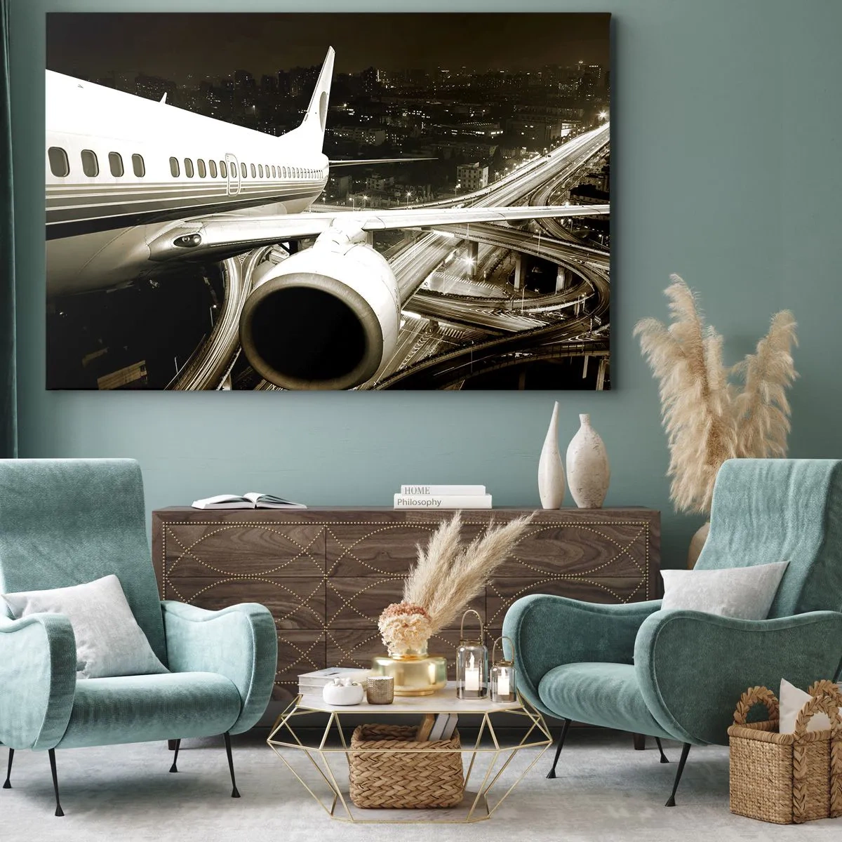 Quadro em tela - Um avião sobre uma cidade noturna com rodovias iluminadas - 70x50cm - Voar para a noite - Decoração de parede moderna para a sala de estar e quarto ARTTOR